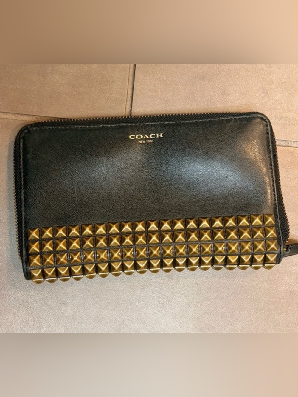 Coach Black Leather Zip Wallet with Gold Stud Accent